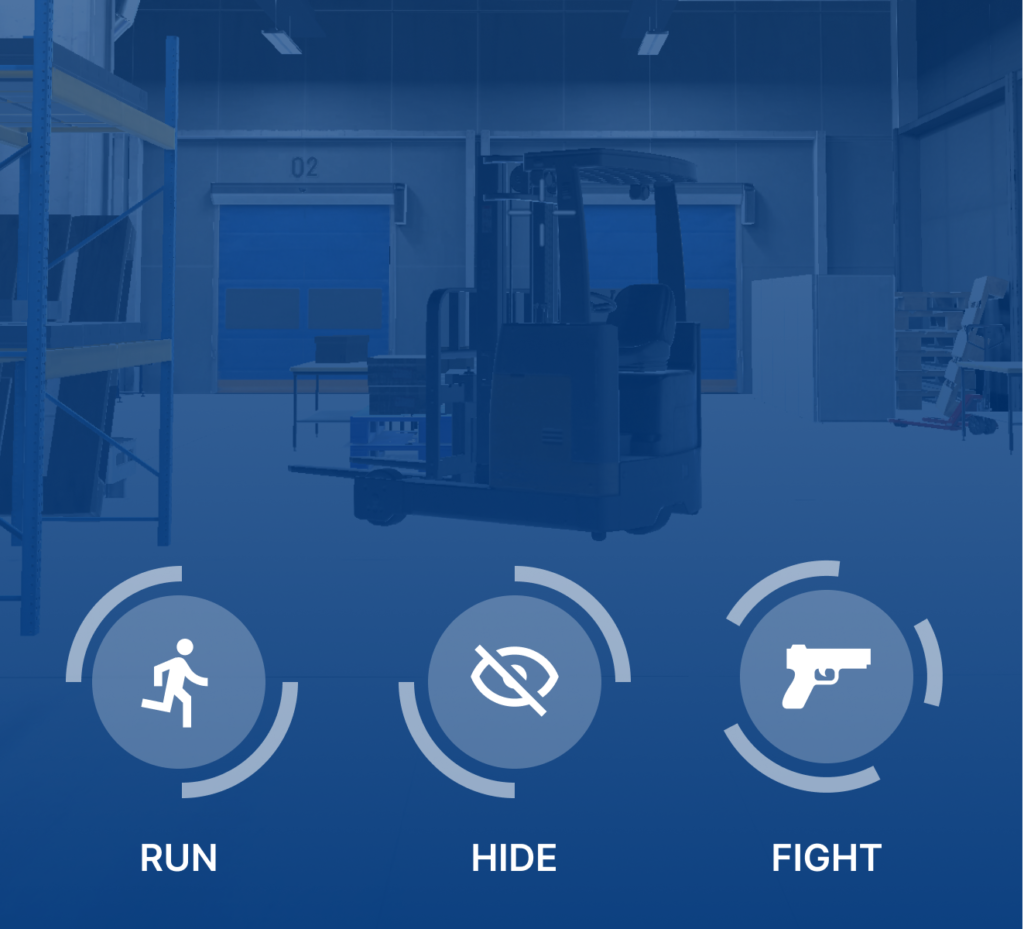 A blue-toned virtual warehouse loading bay background displaying three circular white line UI icons labeled RUN with a running man, HIDE with a slashed eye, and FIGHT with a handgun icon.