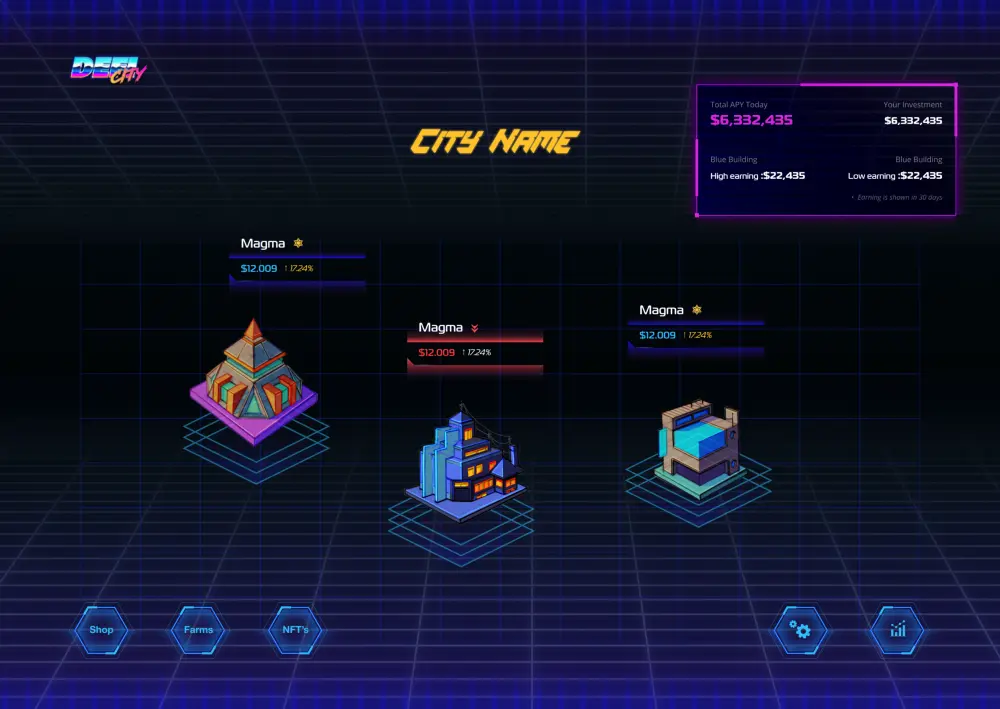 An isometric overview map layout displaying low-poly structural building nodes sitting on a dark grid wireframe line blueprint.