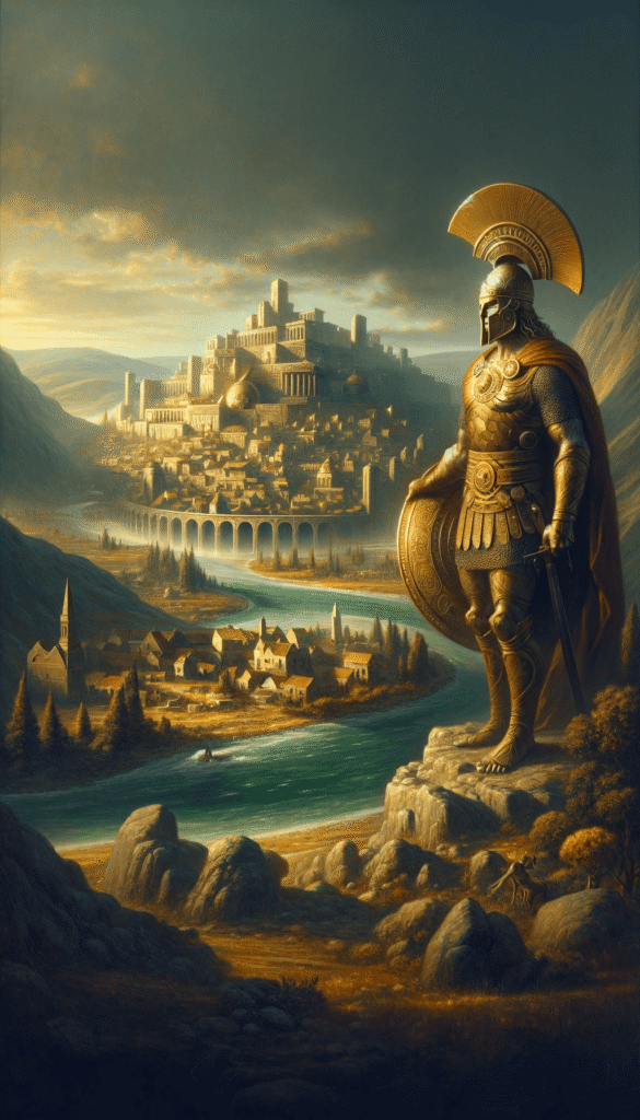 A classical warrior in golden hoplite armor stands on a cliffside overlooking a sprawling ancient terraced citadel valley traversed by a winding river.