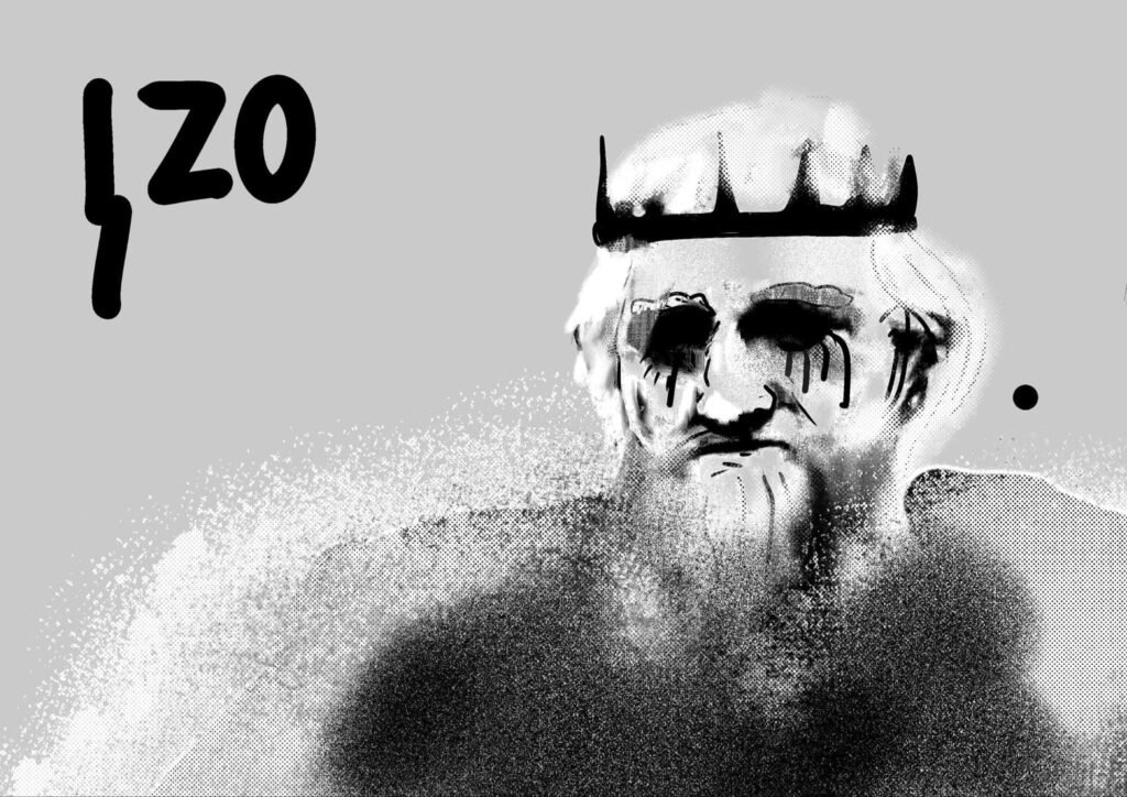 A stylized black and white digital sketch of a grim, crowned old king with dark streaks crying down from his eyes beside the name Azo written in Georgian script.