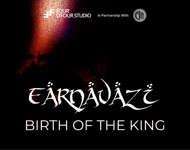 A dark moody poster layout presenting a stylized white calligraphic logo reading Farnavazi above the subtitle Birth of the King.