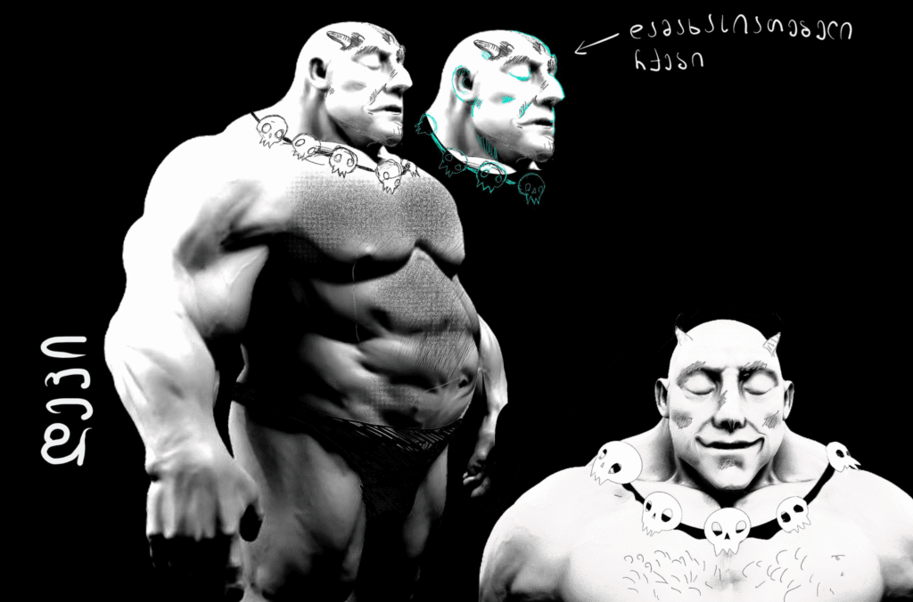 A black and white character reference layout capturing a heavily muscular ogre monster wearing a skull necklace alongside anatomical facial variants labeled Devi.