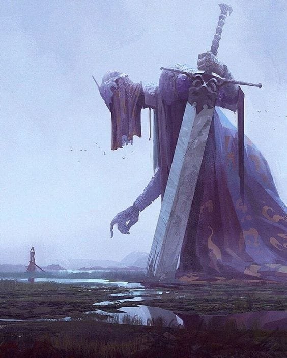 A fantasy digital painting illustrating an immense, cloaked stone titan giant leaning heavily on a massive broadsword driven deep into low-lying plains.