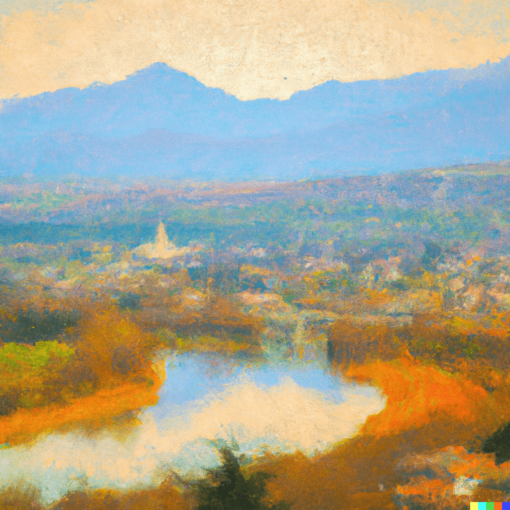 An impressionistic digital pastel painting representing an open valley layout with a central lake basin set against blue distant mountains.