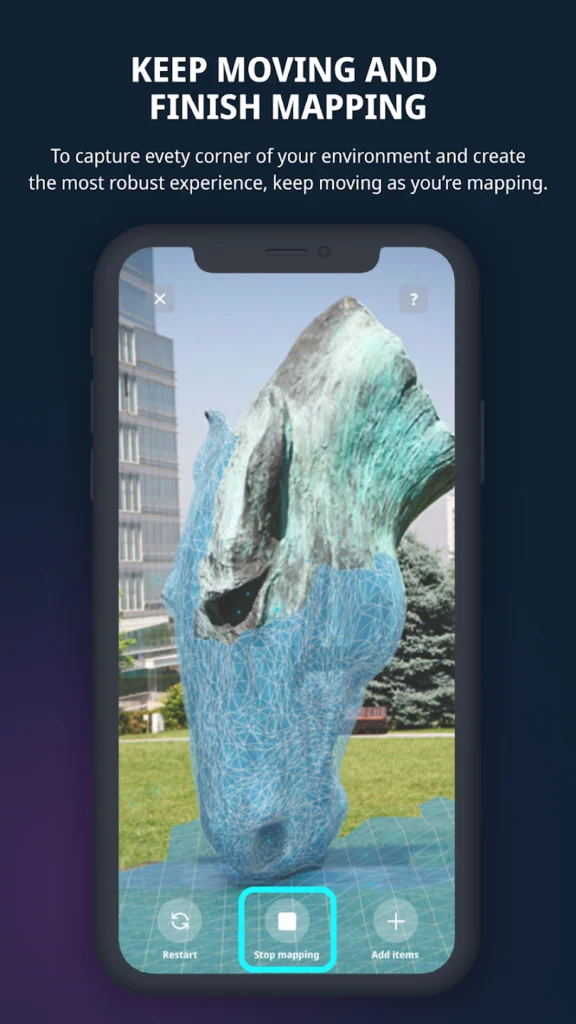 An AR viewport tracking tool showing a stone horse bust sculpture wrapped partially in a digital blue mesh layer beside a modern skyscraper structure background.