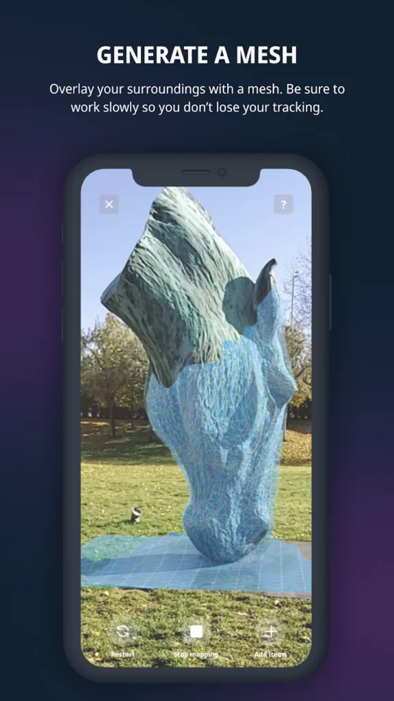 A smartphone camera interface tracking a large outdoor stone horse statue, overlaying its shape with an active blue digital grid tracking system.