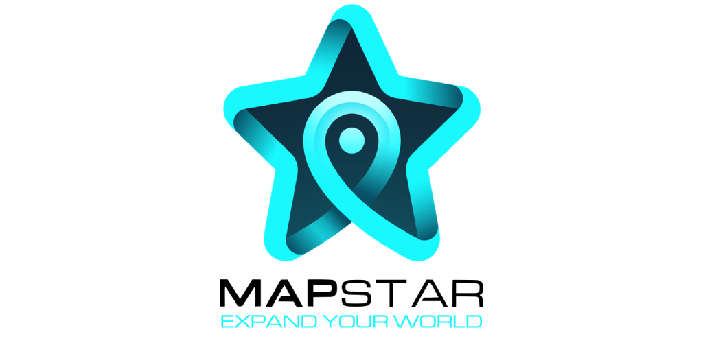 Official corporate horizontal branding presenting a cyan star and location pin icon over bold wordmark text reading MAPSTAR and tagline EXPAND YOUR WORLD.