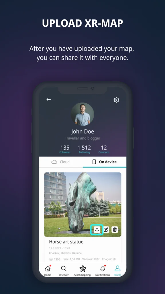 An asset management application screen displaying a user profile summary layout managing an uploaded map asset labeled Horse art statue.