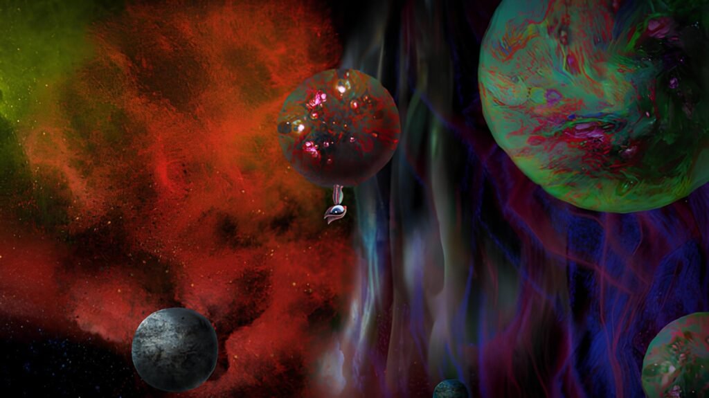 A small floating eye character navigates between vibrant marbled fluid-textured floating spheres set against red and dark cloud gradients.