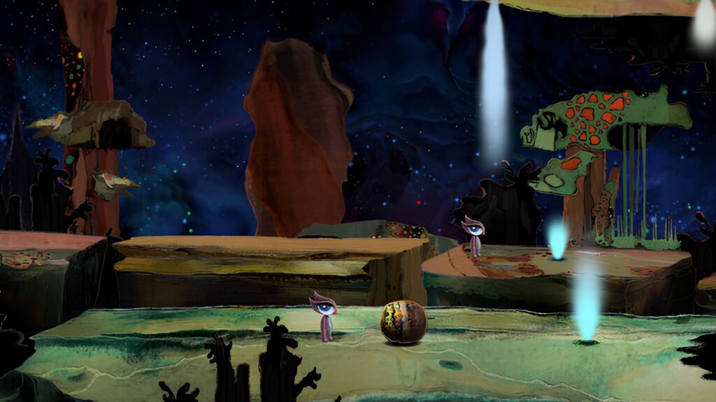 Two eye characters interact next to a patterned golden stone sphere inside a dark cave illuminated by glowing cyan geysers.