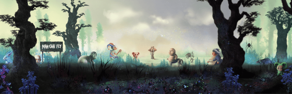 A wide surreal panoramic banner filled with bizarre creatures including a blue rabbit, a jester, a centaur baby, and an old woman walking through an enchanted forest.