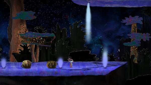 The character walks along a purple platform illuminated by vertical tracking light beams, with hollow tree silhouettes in the background.