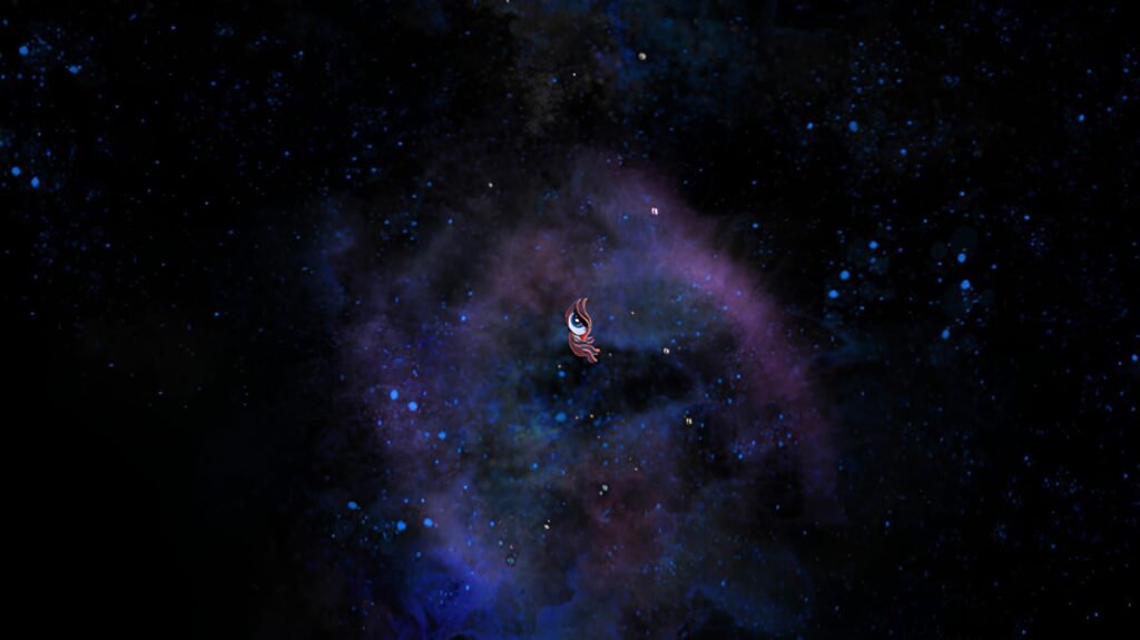 A small surreal character resembling a stylized floating eye with roots drifting inside a dark starry cosmic nebula with purple and blue dust clouds.
