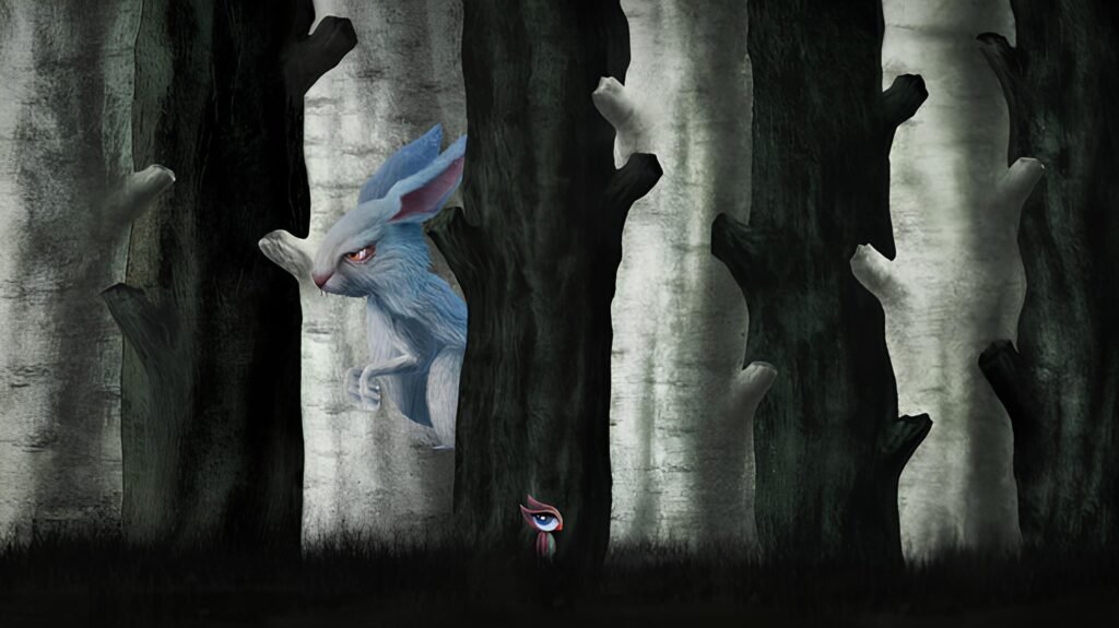The small main character hides at the base of a dark tree trunk while a giant, grumpy blue rabbit with red eyes peeks out from a silver birch forest.
