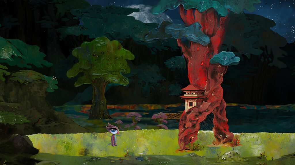 The small main character stands on a vibrant green grass line next to an intertwined red tree that grows a traditional Japanese pagoda structure within its trunk.
