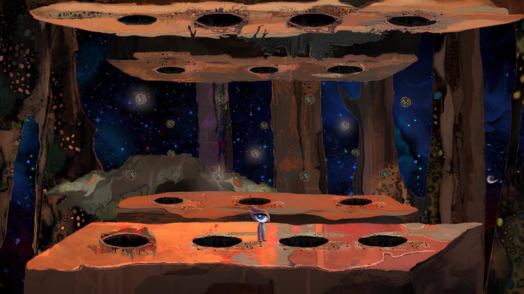 The main character stands on structured rock layers covered in circular porous holes, set against a distant starfield background.