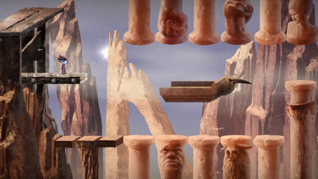 A platforming landscape featuring classical hand, head, and animal stone totem pillars with a floating stone bird boat mechanism.