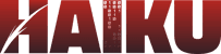 A red gradient text logo reading HAIKU with binary digit code integrated inside the letter I.