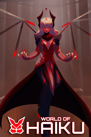An anime-styled female character with mechanical cyber wings and horns floating in a dark red digital landscape.