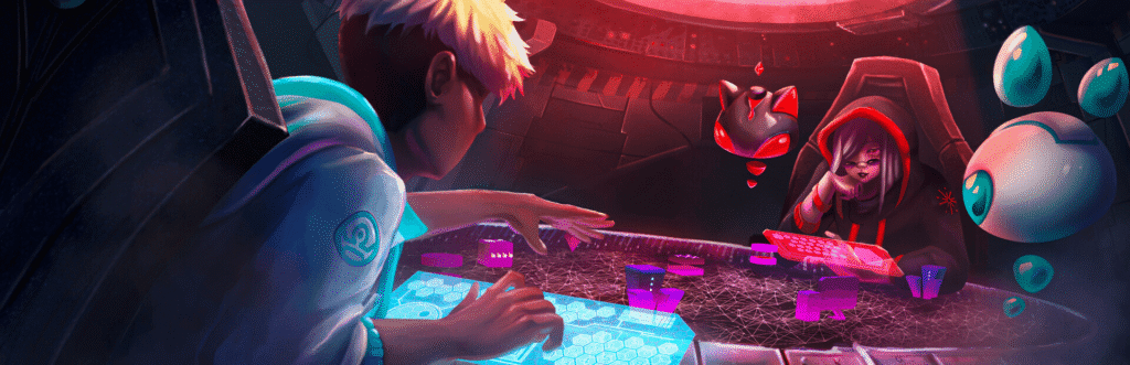Two tech operator characters sitting inside a dark command console pod interfacing with holographic data terminals.