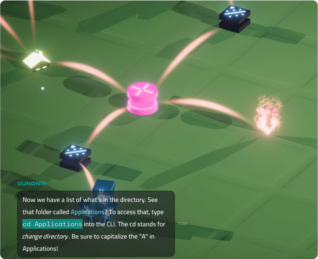 An isometric 3D stylized network map with clean geometric shapes connected by glowing paths of light data.