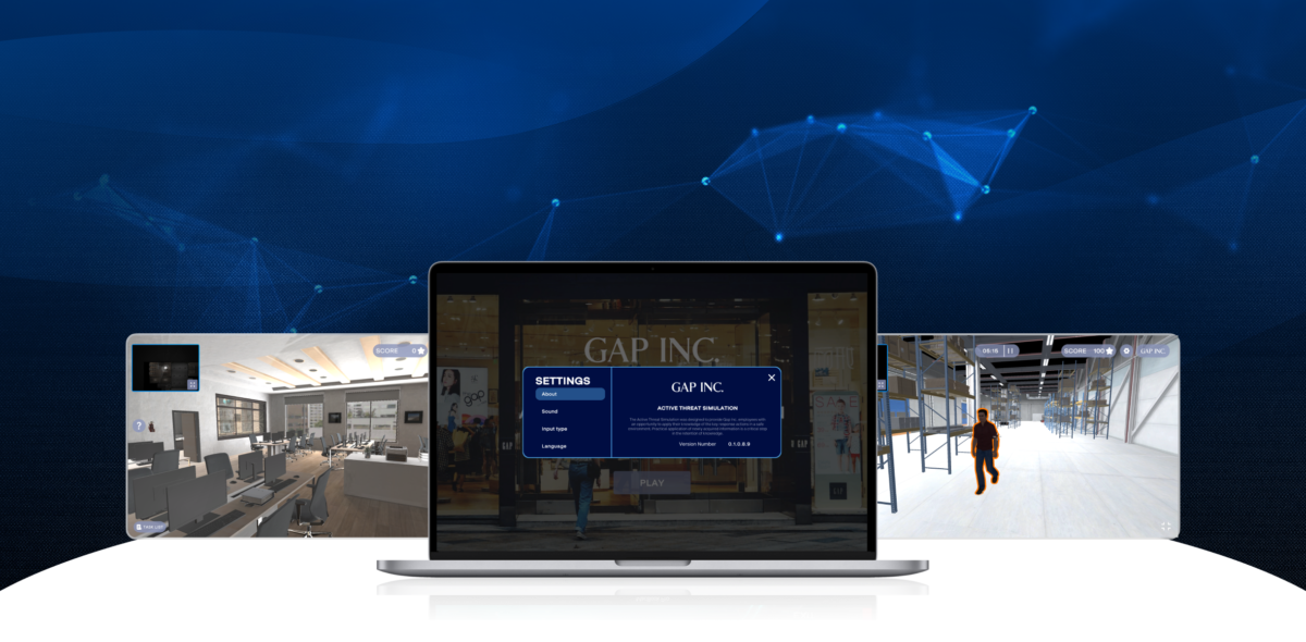 A digital product mockup featuring a central laptop displaying the main menu for Gap Inc. Active Threat Simulation, flanked by 3D rendering views of a virtual office workspace and a backroom storage warehouse.