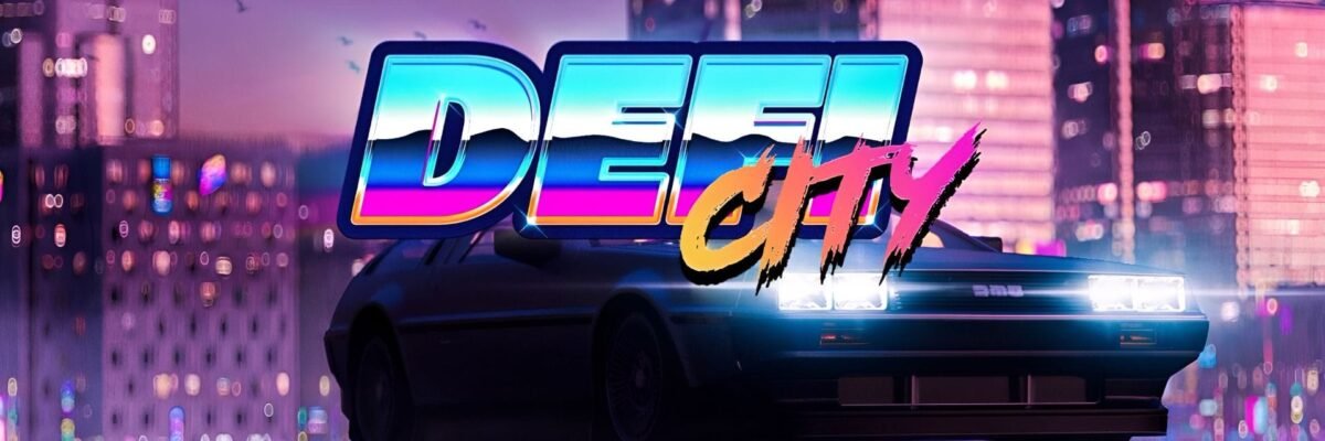 A retro cyberpunk 1500x500 banner featuring the neon text DEFI CITY overlaid across a classic sports car with an illuminated purple futuristic skyline background.