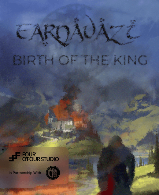 Cinematic illustration displaying a burning fortress on a distant hillside with a silhouetted figure in the foreground beneath text reading Farnavazi: Birth of the King.