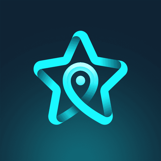 An isolated dark composition highlighting a ribbon-style cyan star integrated around a central location pin node coordinate.