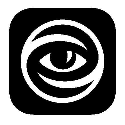 A high-contrast black and white square icon design featuring a stylized human eye enclosed in geometric spiral rings.