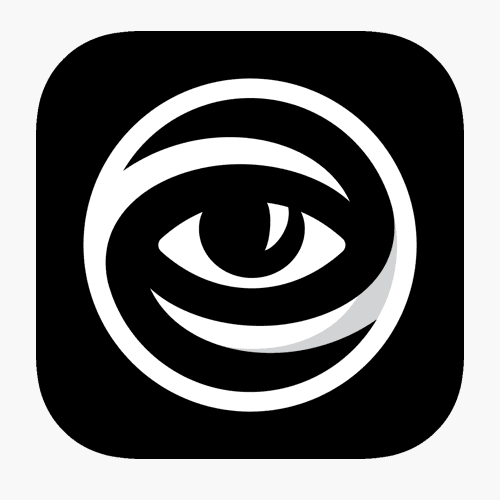 A high-contrast black and white square icon design featuring a stylized human eye enclosed in geometric spiral rings.