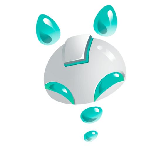 A stylized white and turquoise metallic robotic orb companion floating vertically.