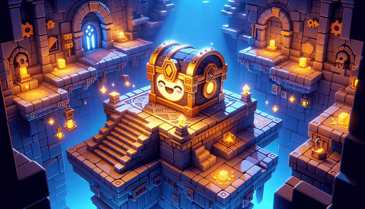 A bright 3D stylized treasure chest companion featuring an animated happy face centered on its lock panel sitting atop a stone pedestal.